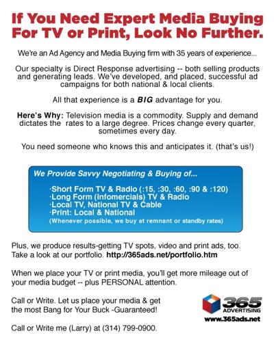 We Buy All Types of Media -- Infomercials, Short Form and Print . 35 Years Experience.