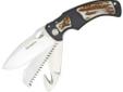 440C stainless steel blade with satin finish and etched Remington? logo 6061 aircraft aluminum handle Genuine leather sheaths Available in 3M non-slip, Olive Wood or Genuine Stag handles Available with Drop or Clip blades Clip & Drop: 3 3/8" Blade, 4 1/2"