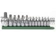 "
KD Tools 80725 KDT80725 13 Piece 1/4"", 3/8"" and 1/2"" Drive Tamper Proof TorxÂ® Socket Set
Features and Benefits
Patented bit holding system forces bit surface to opposing side for maximum bit retention - strength
Packaged in patented impact resistant
