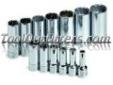 "
S K Hand Tools 4453 SKT4453 13 Piece 3/8"" Drive 12 Point SAE Deep Socket Set
Features and Benefits:
SuperKromeÂ® finish provides long life and maximum corrosion resistance
SureGripÂ® hex design drives the side of the fastener, not the corner
Packaged on
