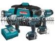 "
Makita LXT421 MAKLXT421 18 Volt LXT Lithium Ion Automotive Combo Kit
Features and Benefits
Includes 1 each of 18 volt 1/2" drive impact wrench (MAKBTW450Z) and 3/8" Impact Wrench (MAKBTW253Z)
Includes 1 1/2" Driver Drill (MAKBDF452Z)
Includes 1
