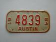1964 Austin, Texas bicycle license plate
This license plate appears to have been used. It is not a cereal box plate but rather one that was required and issued by local government back in 1964. The numbers are 4839 and they are raised letters. Some slight