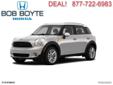 Â .
Â 
2011 MINI Cooper Countryman
$30000
Call 877-722-6983
Bob Boyte Honda
877-722-6983
2188 Hwy 18,
Brandon, MS 39042
Can't find these around! Amazing little car, great gas saver, and this unit has Navigation! Call for more details!
Vehicle Price: 30000