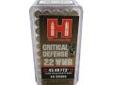 "
Hornady 83200 22 WMR by Hornady Critical Defense, 45 Gr FTX/50
Hornady Critical Defense Ammunition
- Caliber: 22 WMR
- Grain: 45
- Bullet: FTX
- 50 Rounds per Box"Price: $10.58
Source: