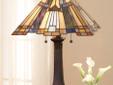 This Arts and Crafts style features a pyramid shade with a stepped border for added visual interest. The classic geometric design includes art glass in shades of amber, cream and tan, accented with glass pieces in sapphire blue and rich green. The linear