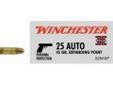 "
Winchester Ammo X25AXP 25 Automatic 25 Auto, 45grain, Super-X Expanding Point, (Per 50)
The Super-X Expanding Point offers rapid energy deposit and positive expansion. This bullet is designed for smooth feeding and is an exclusive Winchester design.