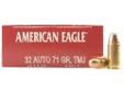 "
Federal Cartridge AE32AP 32 Automatic 32 Automatic, 71 Gr, FMJ, (Per 50)
Load number: AE32AP
Caliber: 32 Auto (7.65mm Browning)
Bullet weight: 71 grain, 4.60 grams
Primer number: 100
Bullet Type: American Eagle, Full Metal Jacket
Usage: Target shooting,