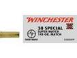 "
Winchester Ammo X38SMRP 38 Special 38 Special, 148gr, Super-X Match, (Per 50)
The Winchester Super-X Match is a match-grade bullet with consistent accuracy and performance and a clean target signature.
Symbol: X38SMRP
Caliber: 38 Special Super Match