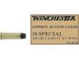 "
Winchester Ammo USA38CB 38 Special 38 Special, 158gr USA, Cowboy Loads Lead, (Per 50)
Symbol: USA38CB
Caliber: 38 Special
Bullet Weight: 158 grains
Bullet Type: Cowboy Load (Lead)
Suggested Use: Target/Range
Application: Indoor and outdoor range,