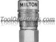"
Milton Industries 718 MIL718 3/8"" NPT Female M-Style Coupler
Features and Benefits:
M-style coupler bodies are brass with brass sleeves
Maximum inlet pressure: 300 PSI
Maximum temperature: 250 degrees F
Air flow: 40 scfm
Milton M-style "Kwik-change"