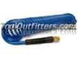 "
Mountain 91009404 MTN91009404 3/8"" x 12' Blue Reinforced Poly Urethane Re-Coil Air Hose
Features and Benefits:
Coil retracts for easy storage of hose, keeping work area uncluttered
6â pigtail on male swivel connection end, 18â pigtail on male solid