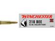 218 Bee by Winchester, 46Gr.,Hollow Point, Super X (Per 50) -
Manufacture ID: X218B
The Winchester line of Super-X Centerfire Rifle ammunition continues to be the best you can buy, and it is still made in the USA. The hollow point provides a weight