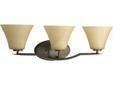 Three light bath fixture with fluted glass shades Bath & Vanity Wall Brackets Bravo Collection Antique Bronze Finish Etched Umber Linen Glass Mounts up or down Damp location listed Dimensions: 26-3/4" (W) x 8-7/8" (H) x 8-3/4" (L) Lamp Wattage: 100w max
