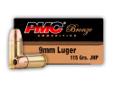 This 9mm 115 gr JHP PMC ammo is great for personal defense with its jacketed hollow point bullet design. The cavity in this JHP projectile is designed to expand on impact creating a larger terminal wound cavity to quickly bring down an attacker. PMC
