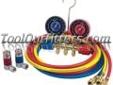 "
Robinair 45111 ROB45111 A/C R-134A Manifold Gauge Set with 72"" Hose and Couplers
Features and Benefits:
Brass manifold with easy-to-grip handles
R12/R134a gauges, PSI, and Â°F Temp
90Â° manual couplers
Rear R134a and 1/2" ACME fittings for holding hoses