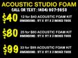 Do you need acoustic studio foam ???? Building a recording studio or a vocal booth??? GET IT DONE FAST. GET IT DONE TODAY!!! Give us a call @ (404) 907-3650 STUDIOFOAM PACKAGES- 12 for $40 - 1 ft X 1ft X 2 inches thick (each) 25 for $80- 1 ft X 1ft X 2