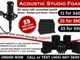 Do you need acoustic studio foam ???? Building a recording studio or a vocal booth??? GET IT DONE FAST......... GET IT DONE TODAY!!! Give us a call @ (404) 907-3650................ STUDIOFOAM PACKAGES- 12 for $40 - 1 ft X 1ft X 2 inches thick (each) 25
