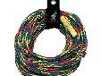 This heavy-duty 16 strand, 9/16 inch x 60 foot tube tow rope is rated at 4,150 pounds tensile strength! Engineered to pull the big 3 and 4 rider tubes, this rope will stand the test of time. It has a unique Rasta color scheme with a 6-inch loop spliced at