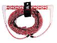 An AIRHEAD exclusive, this wakeboard rope has the small diameter look of Spectra or Dyneema, the ultra low stretch too, but at half the price! Only a professional can notice the difference. The 70 foot wakeboard rope has 3 take-offs in the mainline and a