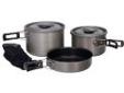 "
Tex Sport 13412 Black Ice Cook Set H.A. QT The Scouter
Texsport Black Ice Scouter Hard Anodized Cook Set
Features:
- Sef nests iogeiher confcining:
7"" fry pan with folding ""sioy cool"" wire handles
1 qt and 1 1/2 qt cook pots with lids and folding