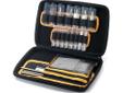 Browning 32 Piece Cleaing Kit- Custom fit EVA soft sided case - Removable bandoliers and accessory pouches - Machined aluminum handle - Includes: brass rods, bronze brushes, mops, slot tips, jags and adaptors - Cleaning pick and double ended utility brush
