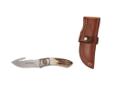 M785 Stag Packer with Guthook- Type: Fixed blade- Designed by: Russ Kommer- Sheath Description: Top-grain leather sheath - Main Blade Length: 3 1/8" - Type Description: Fixed blade - Steel Description: Sandvik 12C27 stainless steel - Handle Description: