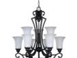 CANARM LTD. Style Royal Grand, 9 Light Chandelier. The Royal Grand Collection is timeless. It features flowing lines ending in striking curves. It has 9-Each Seeded Glass Shades and a Oil Rubbed Bronze finish. Uses 9-Each 60W Type A bulbs. (Not Included)