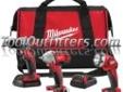 "
Milwaukee Electric Tools 2691-23 MLW2691-23 3 Piece M18â¢ Cordless Automotive Tool Combo Kit
Features and Benefits:
M18â¢ 3/8" Compact Impact Wrench with MilwaukeeÂ® 4-Pole Frameless Motor maximizes efficiency and run time
M18â¢ 1/2" Compact Drill Driver