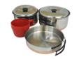 Duo Cookset: Perfect for 1-2 peopleThe premium quality Stainless Steel cooksets are made from very sturdy 18/8 polished stainless steel, making them lightweight and extremely durable for any camping trip. All cooksets nest into a compact package.