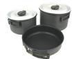Ridge Hard Anodized Non-stick Large Cookset- Perfect for campers, mountaineers, backpackers and paddlers- Lightweight, extremely durable cookware with great heat conduction- Non-stick, easy-clean coating on the interior of the pots and frying pan- All