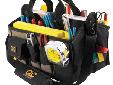 CLC 1529 16" CENTER TRAY TOOL BAGA contractor-grade open top tool bag with a center section dedicated for a large, multi-compartment parts tray, plus 16 pockets and sleeves, an electrical tape strap, tape measure clip, and padded shoulder