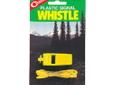 Shrill plastic whistle, lanyard included.
Manufacturer: Coghlans
Model: 9420
Condition: New
Price: $1.14
Availability: In Stock
Source: http://www.manventureoutpost.com/products/Coghlans-9420-Signal-Whistle-%252d-Yellow-Plastic.html?google=1
