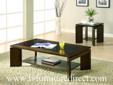 Contemporary Styled Coffee Table
Product ID#701338
Description:
This contemporary styled occasional group is made of oak veneers and features a black glass top withone lower storageshelf.
Size:
#701338 Coffee Table:51-1/4"l x 27-1/2"w x 16"h
PLEASE VISIT