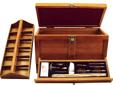 GunMaster Wooden Tool Box with 17 Piece Universal Gun Cleaning Kit. Specifications:- Customized drawer / tray is magnetically held closed - 2 wooden gun cradles fit inside - Removable top tray with adjustable slots - Felt-lined lid- Carry handle - Metal