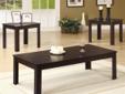 Dark Walnut or BlackÂ 3 piece Table Set
Standard Set includes: Coffee Table and 2 End Tables coa700215 A rectangular coffee table and twin end tables come in a classic shape that blends beautifully with casual or traditional styles of decor. Visible wood