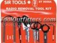 "
Sir Tools ST9000A SIRST9000A Deluxe Radio Removal Tool Kit
Features and Benefits:
The ""A"" Kit is a wallet type holder with six (6) slots storing a grand total of twelve (12) keys
2 pc. ""U"" hooks - Ford, LandRover, Saab: DIN Chassis radio mounts
1