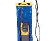 DP-512 DRY PAK VHF Radio Case Clear TPU front, blue TPU back, padded and lined Adjustable neck lanyard & anodized aluminum spring hook Yellow sealing clip for high visibility For boating, rescue, camping, etc. 5 in. wide x 12 in. long Maximum