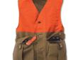 A highly functional vest for the hunter who's looking for a less expensive garment with Filson quality and durability. Tough and durable and will hold up to heavy brush. Highly water-repellent and wind-resistant. Features both right and left handed