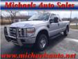 Michaels Auto Sales Inc
2008 Ford F-250 Super Duty XLT
( Click to learn more about his vehicle )
Call For Price
Click to see more photos 888-366-8815
Engine::Â 8 Cyl.
Vin::Â 1FTSX21R18EA88004
Drivetrain::Â 4WD
Color::Â Silver
Transmission::Â Automatic