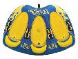 A 3 rider tube the whole family can enjoy for an action packed day on the water. Inflated back rest and seat for a softer cushion ride Multiple handles accomodate riders of any size Extra heavy-duty 30 gauge PVC construction Large neoprene knuckle guards