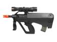The Mini Steyr AUG, A compact electric rifle capable of 150 fps. It has a metal upper receiver and a spring safety switch. It is powered by 4 "AA" batteries.Specifications:- Fully Automatic- Caliber: 6mm (BB)- Velocity: 150 FPS- Magazine Capacity: 100