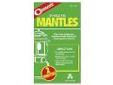 "
Coghlans 0132 Mantle Replacements Clip-On, Package of 2
Clip-On Mantles for liquid fuel and propane lanterns.
Quantity: 2"Price: $1.77
Source: http://www.sportsmanstooloutfitters.com/mantle-replacements-clip-on-package-of-2.html