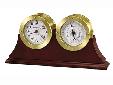 645-597 South HarborCaptain's clock with barometer/thermometer features white dials with black Arabic numerals. The clock features black hour and minute hands, with a red seconds hand. The barometer features a black hand, while the thermometer hand is