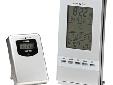 645-697 Weather SentinelSilver-finished LCD tabletop alarm clock with removable stand for wall mounting.Display is viewable in 12/24-hour time format, and shows month, date, and day of the week, as well as a moon phase and weather trend indicator. RF