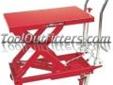 "
Intermarket 3904 INT3904 Hydraulic Table Cart
Features and Benefits:
Foot pedal-operated 1100 lb. capacity table lifts and lowers engines, transmissions, heavy packages and cargo
Lifts 32" x 19-1/2" table from 11" to 36"
Heavy duty, all steel