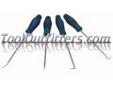 "
OTC 8263 OTC8263 Long Pick and Hook Set (4-piece)
Consisting of four (4), 9.25"", soft-handled picks.
They are sturdy, with both stainless steel shafts and tips, with assorted tip shapes designed for marking, removing o-rings, accessing snap rings and