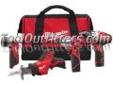 "
Milwuakee Electric 2498-24 MLW2498-24 M12â¢ Cordless LITHIUM-ION 4 Tool Combo Kit
The 2498-24 M12â¢ cordless LITHIUM-ION 4-tool combo kit includes the 3/8"" Drill Driver (2410-20),Â¼"" Hex Impact Driver (2450-20), Hackzallâ¢ Recip Saw (2420-20), and Work