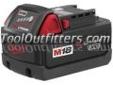 "
Milwaukee Electric Tools 48-11-1828 MLW48-11-1828 M18V High Capacity Lithium-Ion Battery
This Milwaukee 18V Lithium-Ion Battery works on the M18â¢ Cordless Tool System and has 3.0 Amp Hours of run-time. This battery powers over 40 Milwaukee M18â¢ cordless