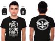 Maker's Militia- Men's Fight the Good Fight Black T-shirt Black, Fight the good fight, Maker's Mark logo, White.These are custom designed T-shirts by Andy Davidson of Maker's Militia. They are all high quality fabric, professional screen-printed to last