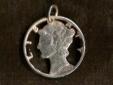 Mercury Dime Cut Coin Pendant The Mercury dime is a famous US coin that was minted from 1916 until 1945.
This was back in the day when money was still backed by precious metal,
and these coins were 90% silver. They are quite beautiful and make a
striking